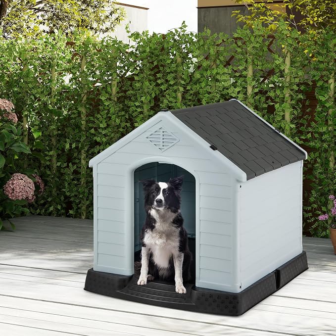 Giantex Dog House for Medium Dogs, Waterproof Plastic Dog Houses with Air Vents and Elevated Floor, Easy to Assemble, Outdoor Cat House Feeding Station Indoor Patio Backyard Dog Kennel House, Gray