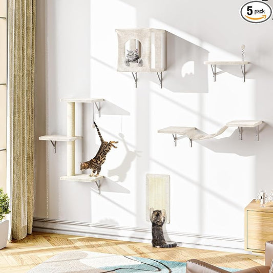 NUNU LAB Cat Wall Shelves Set, 5 Pcs Wall-Mounted Cat Climber with Cat House, Bridge, Scratching Post, Hammock, Wall Shelves, Beige