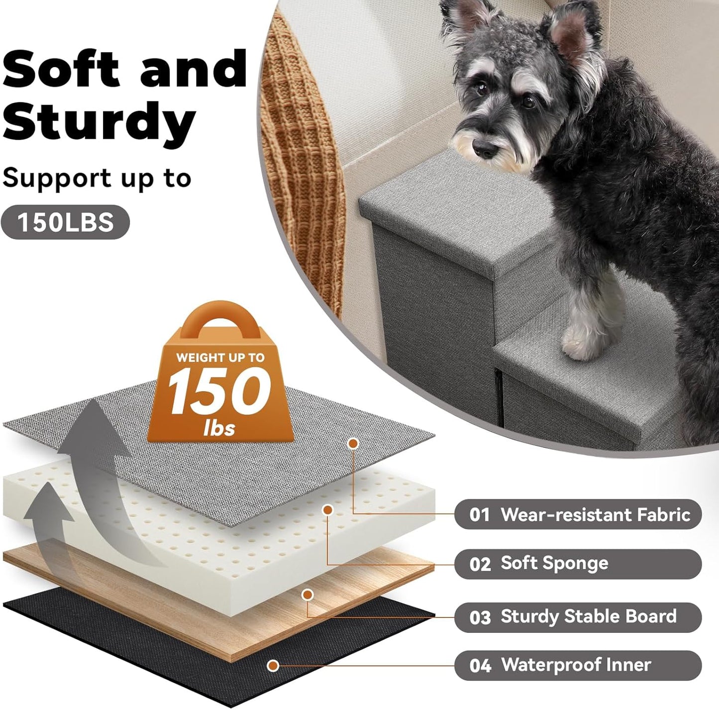 Dog Stairs 15" H, 2-Step Wider Dog Steps for Small/Medium/Large Old Dogs Cats, Folding Sturdy Storage Pet Stairs Climbing Bed Couch, Dog Ramp for Car Hold Up to 150 lbs(Gray, with Condo)