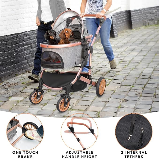 Bicystar Dog Stroller with Detachable Carrier, Rubber Wheels, 50 lbs, Grey | 3-in-1 stroller and car seat, real solid rubber wheels, fits 2 small or 1 medium pet, foldable frame