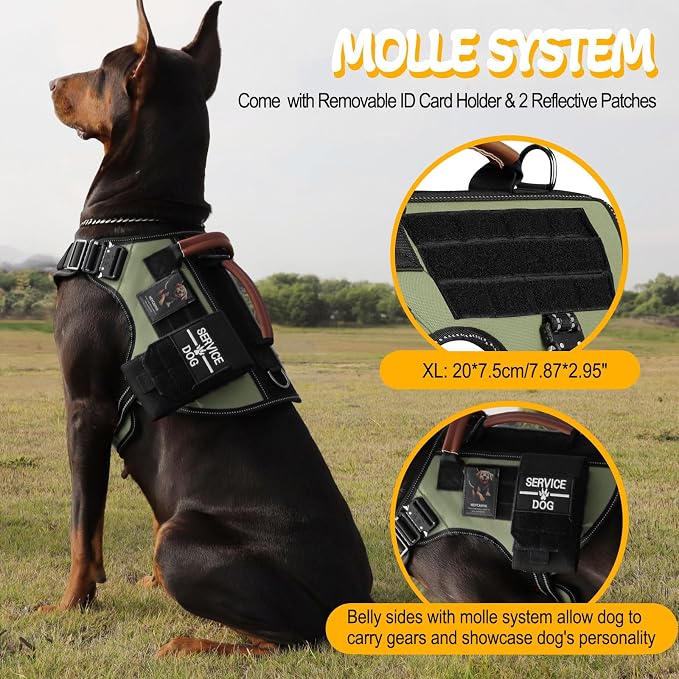 Service Dog Vest - HEYCAHVA Tactical Dog Harness Full Metal Buckles for Large Medium Dog Reflective No Pull Harnesses Vest with Leather Handle, Hook & Loop for Hiking Training(Green, XL)