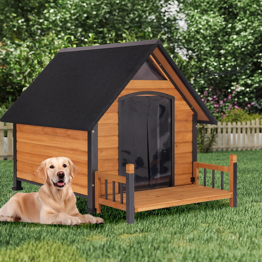 Large Dog House Outdoor Weatherproof with Porch, All-Metal Frame Chew-Proof Dog Kennel with Asphalt Roof, for Small Medium Large Dogs