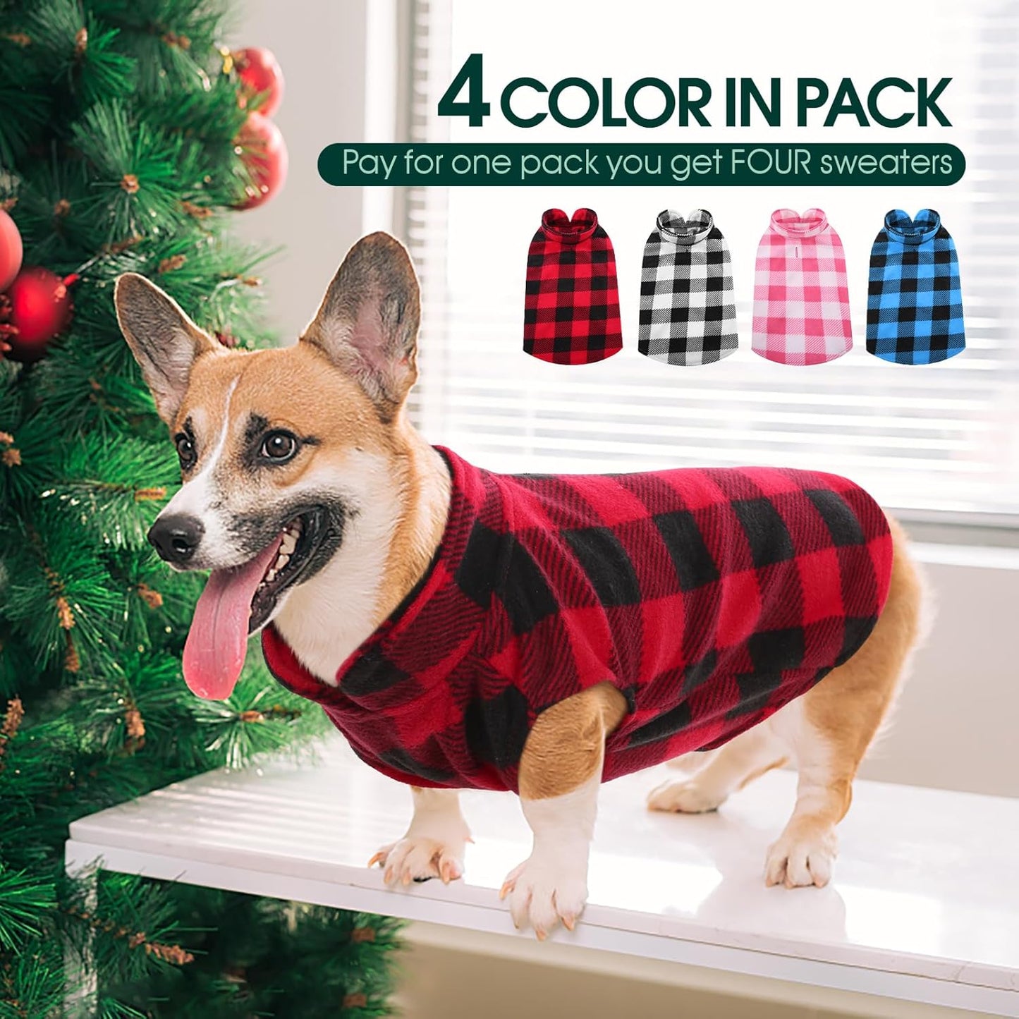 Kuoser 4 Pack Dog Fleece Vest,Warm Plaid Dog Sweater with Leash Hole,Soft Turtleneck Winter Pet Jacket Dogs Coat Pullover for Small Medium Dogs Cats,Spring Fall Cold Weather Christmas Outfit, XXS