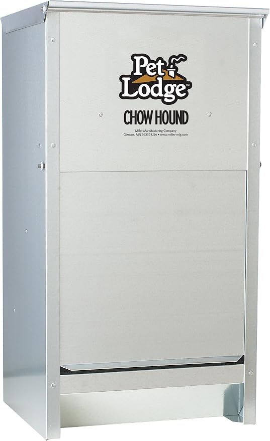 Pet Lodge® Automatic Dog Feeder | Chow Hound Outdoor Pet Feeder | Tough Galvanized Steel | Made in USA (25 lb) | Easy Access Magnetized Door and Angled Chute for Dogs, Silver, 1 Pack