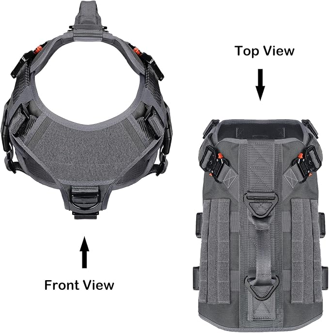 ICEFANG No Pull Tactical Dog Harness for Large Dogs,Adjustable Dog Vest | Control Handle,MOLLE Panel,Front Hook,3 Leash Clips,Soft Padded,for walking training,Grey,Large