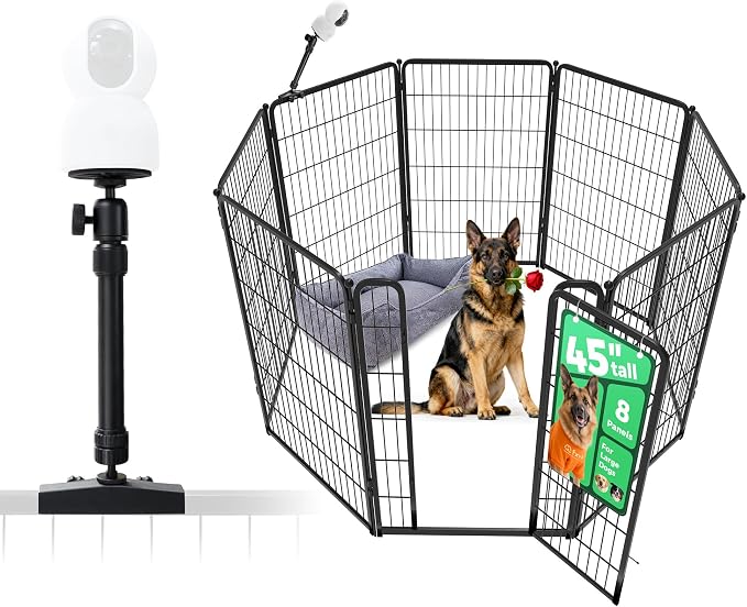FXW Homeplus Indoor Dog Playpen with Camera Mount, 45" H, 8 Panels | Calm Indoor Play Area, Wider Viewing Angles with Stable Support, for Large Dogs, Patented