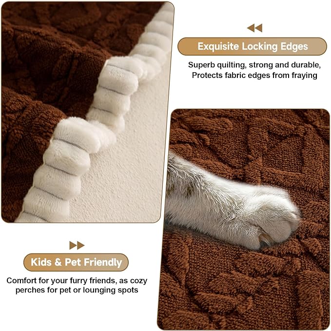 OTOB All Season Couch Cover for Dogs Washable, Geometric Jacquard Non Slip Soft Fuzzy Pet Couch Covers for 3 Cushion Couch, Cozy Plush Sofa Slipcovers Protector Dog Mat (Dark Coffee, 27.6" x 82.7")
