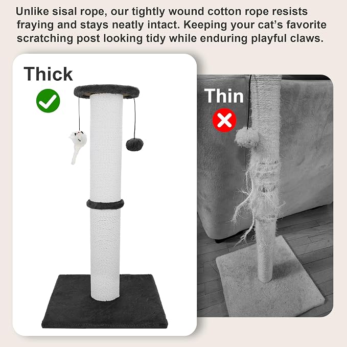 Cat Scratching Post 34 Inches Heavy Duty and Thicker Cat Scratching Post Cotton Rope with Hanging Ball and Mice Scratching Post for Indoor Cats and Adult(Black)