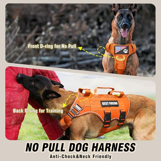 Air Mesh Tactical Dog Harness with Metal Buckles&MOLLE,Orange XL | Breathable Adjustable No Pull Service Dog Vest with 3 Padded Handles,Military Dog Harness for Training Hiking Hunting Working