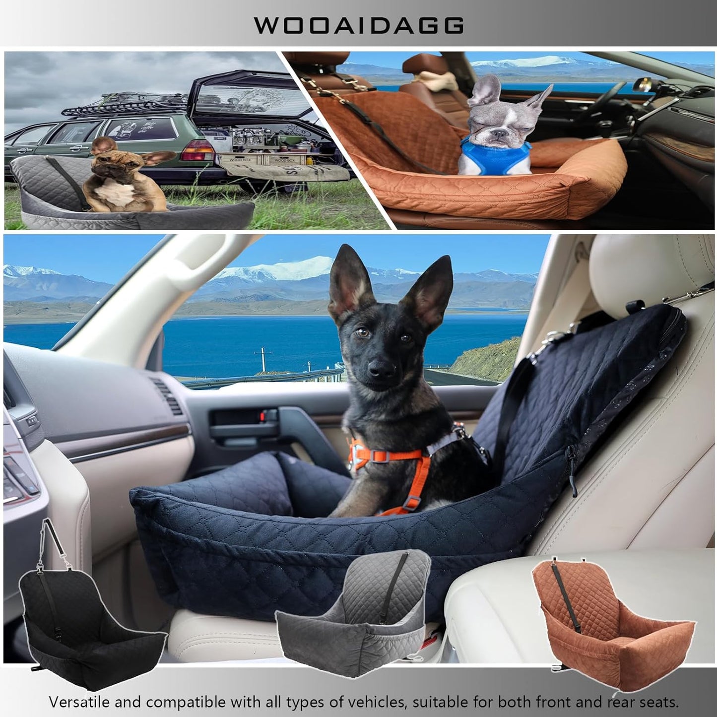 Dog Car Seat,Fully Detachable and Washable Cover,Easy to Assemble,Comfy Cushion Fill in Memory Foam,2 Clip-On Safety Leashes and Storage Pockets (Grey)