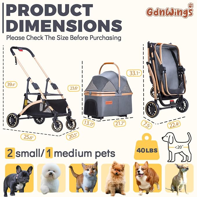 Dog Stroller for Small Dogs, Lightweight Pet Stroller for 2 Cats Dogs with 6 Shock Absorption System, Detachable Carrier Suitable for Car Seat & Hand Carry, Safe Outings, Gray
