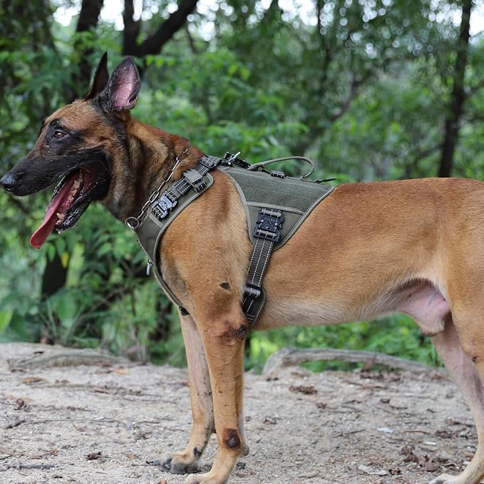 ICEFANG Quick-Moving Tactical Dog Harness for Large Dogs,No Pull Dog Vest | Control Handle,Reflective,Full Metal Buckles,Adjustable,Hook-and-Loop Panel,Soft Padded,Green,Large