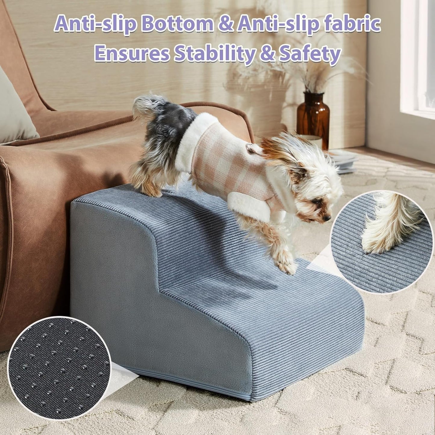 Dog Stairs for Small Dogs, 2-Steps Dog Ramp for Couch, Pet Stairs with Highly Supportive Foam and Non-Slip Bottom, Pet Steps for Cat & Doggie (High 11.8 Inch)