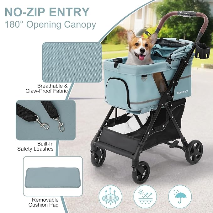 No-Zip Pet Stroller for Small Dogs & Cats, 44 lb, Light Blue | No-Zip Canopy, 44 lb Capacity, Reflective Trim, 2 Tethers, Lockable Front Wheels, Rear Brake and One-Hand Fold