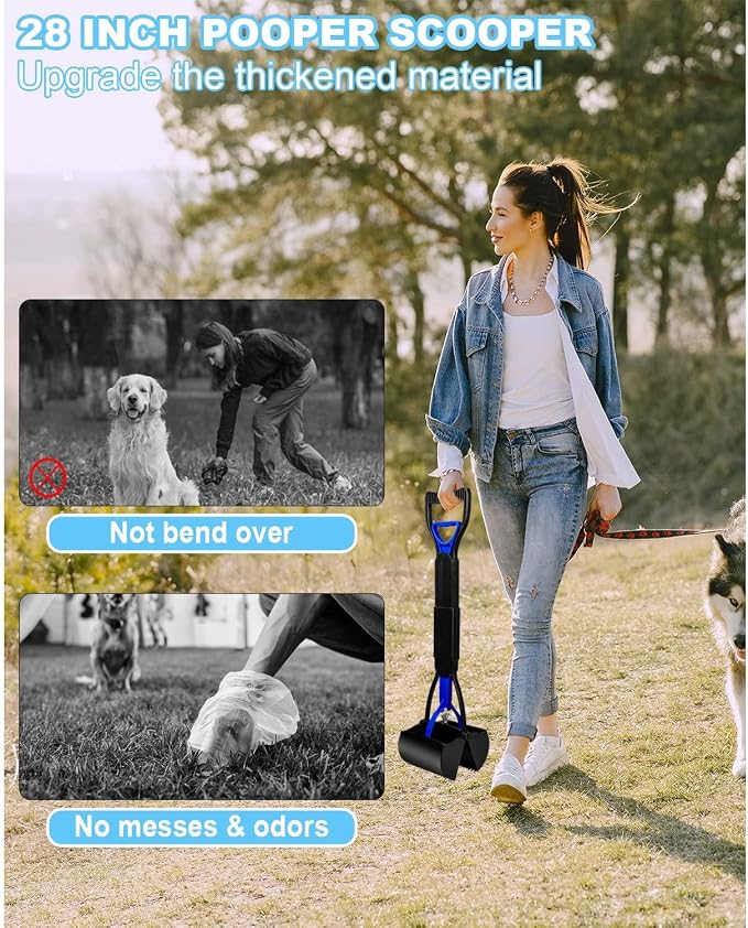 Pooper Scooper,Dog Pooper Scooper,Pooper Scooper for Large Dogs,Folding Dog Poop Scooper, 28" Long Handle No-Bend Cleanup,with Durable Spring,Works on Grass/Dirt/Gravel & More Surfaces (Blue)