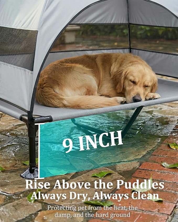 Elevated Dog Bed with Canopy - 3-Sided UV Protection Pet Tent with Wider Shade, Raised Cooling Outdoor Dog Cot with Breathable Mesh for Medium Large Dogs, Portable Bed for Camping, Patio (Grey, XL)