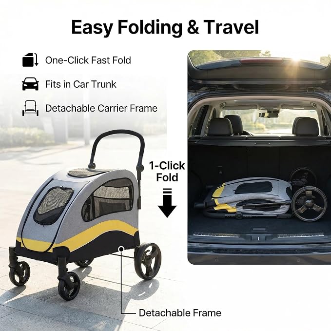 Garvee Extra Large Dog Stroller with Steel Pipe Frame, Wheels, Brakes, Shock Absorption, Foldable Design - Yellow