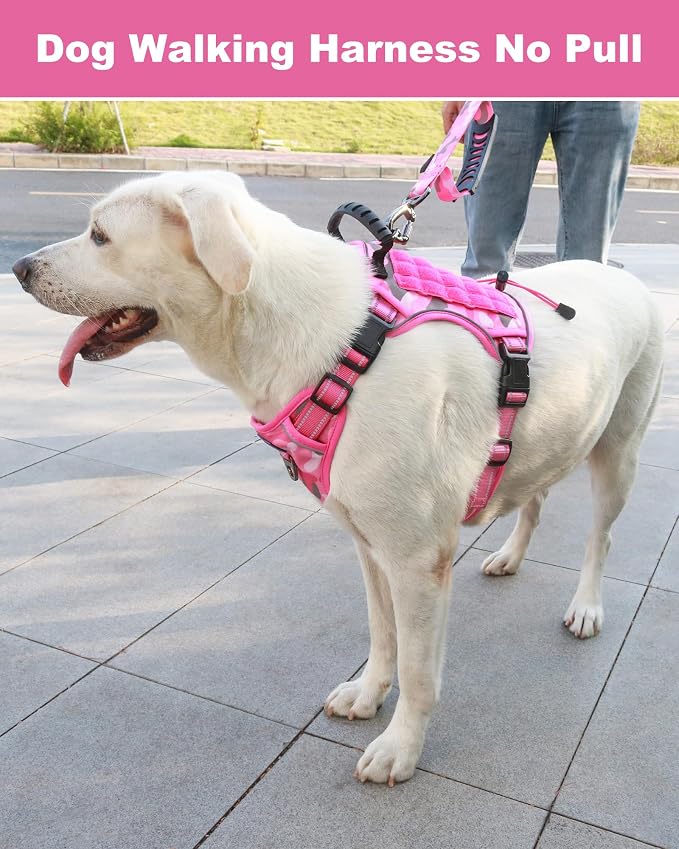 Tactical Dog Harness No Pull,Service Dog Vest with Handle,Pink Camo, XL | Adjustable Military,Reflective ＆ Molle Loop Panels, for Medium Large Size Dogs for Training Walking Running