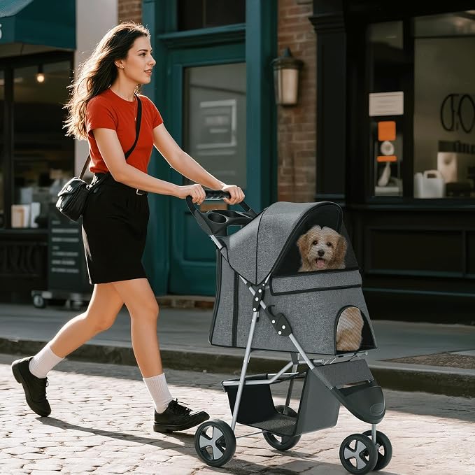 Pet Stroller for Small Dogs 10 lbs, Dog Stroller for Medium Dogs 30 lbs, Cat Strollers for 2 Cats, 3 Wheels Foldable Jogger Puppy Stroller with Storage Basket and Cup Holder, Grey