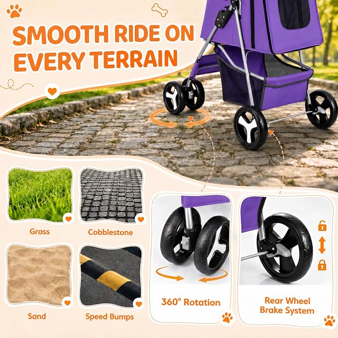 ZENY Foldable Pet Stroller, Cat/Dog Stroller with 4 Wheel, Pet Travel Carrier Strolling Cart with Storage Basket, Cup Holder (Purple)