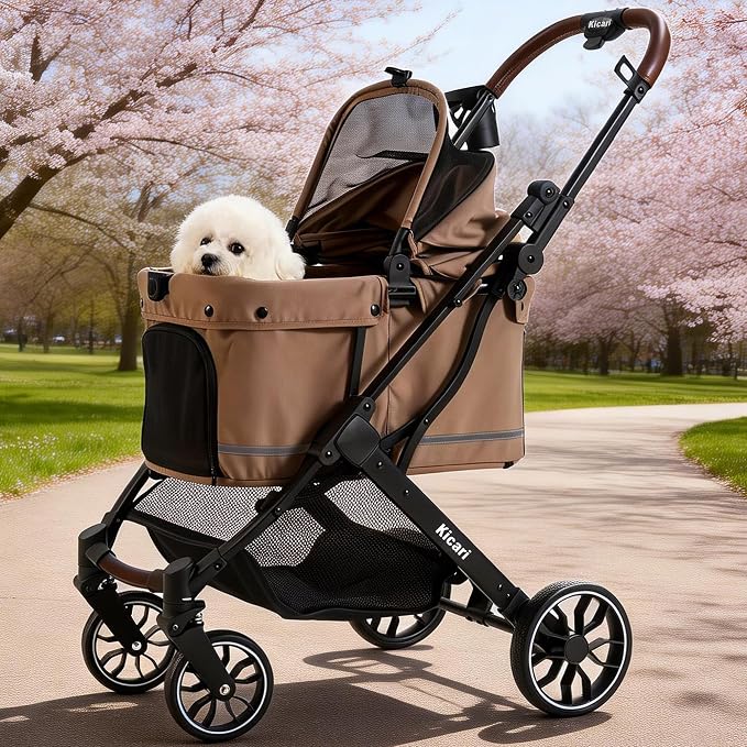 All-Terrain Dog Stroller for Small to Medium Dogs, Pet Stroller for Dogs & Cats Outdoor Walks, One-Hand Easy Fold, Double-Layer Anti-UV & Waterproof Canopy & Breathable Mesh, Mocha Brown