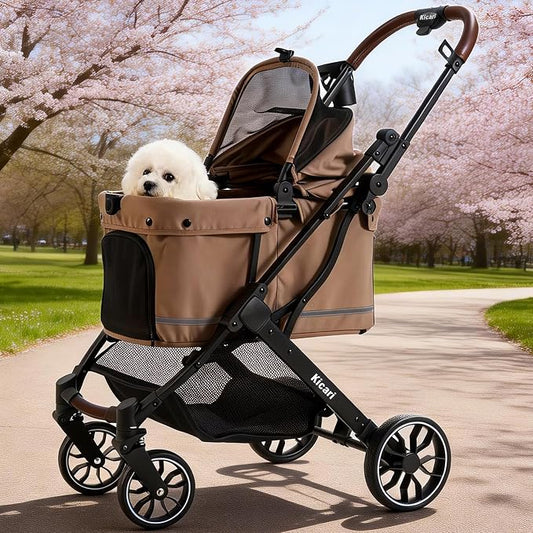 All-Terrain Dog Stroller for Small to Medium Dogs, Pet Stroller for Dogs & Cats Outdoor Walks, One-Hand Easy Fold, Double-Layer Anti-UV & Waterproof Canopy & Breathable Mesh, Mocha Brown