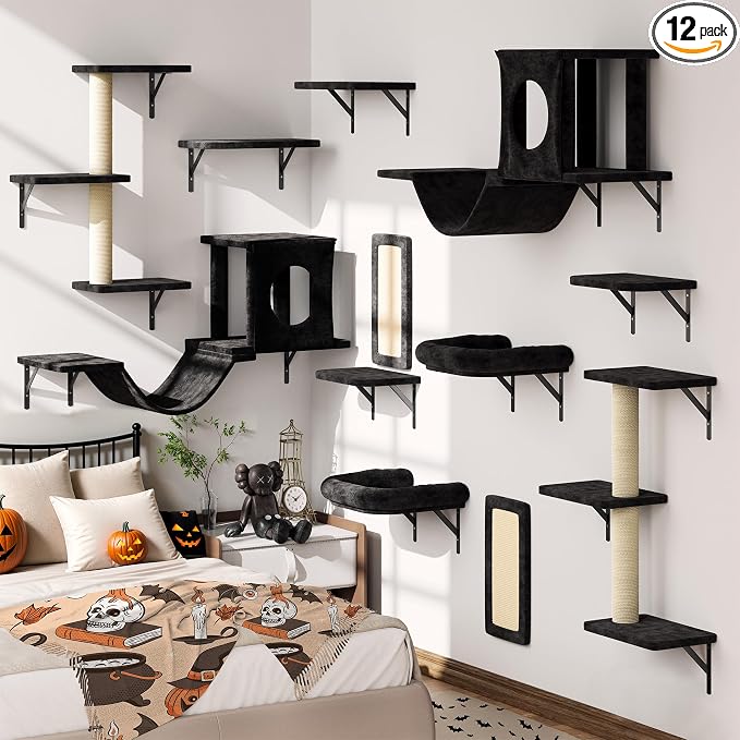 12-in-1 Cat Wall Shelves, Wall Mounted Cat Climber with Condo House, Scratching Post, Bridge Ladder, Space-Saving Indoor Play Furniture for Kittens, Black