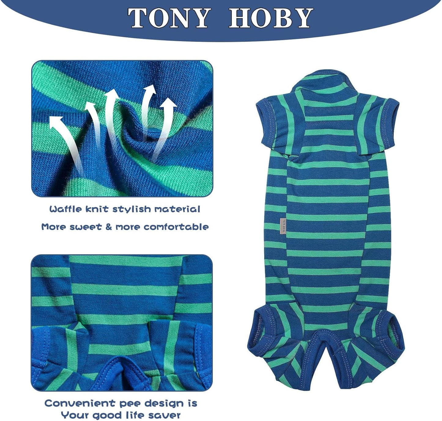 TONY HOBY Dog Pajamas for Medium Small Dogs, Dog Jumpsuit with Stripes 4 Legged Pajamas, Soft Dogs Pet Clothes (Blue&Green, Girl, S)