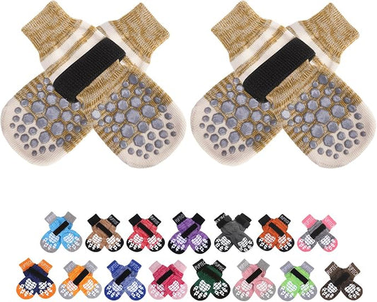 PUPTECK Anti-Slip Dog Socks with Double Sides for Small Medium Large Dogs Hardwood Floors Prevents Licking, Dog Shoes for Hot Pavement Traction Control Paw Protector for Senior Dogs, Striped Khaki L
