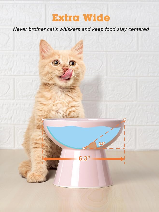 LoeJan Elevated Cat Food and Water Bowls Set, Extra Wide and Raised Ceramic Feeder, Anti-Vomit Whisker-Free Pressure Feeding Bowl for Kittens Adult Cats Small Dogs(Pink, Food Bowl)