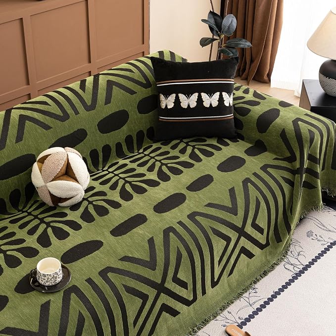 VClife Bohemian Green and Black Couch Cover Western Aztec Sofa Cover for 3-4 Cushion Couch Sofa Washable Chenille Sofa Slipcover Boho Non Slip Geometric Couch Covers for Sectional Sofa 71''x150''