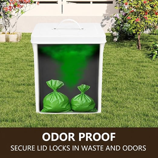 1.85Gal/7L Small Outdoor Trash Can with Lid, Metal Dog Poop Trash Can Outside, Dog Waste Container Bucket Handle(75 Trash Bags Included)-White
