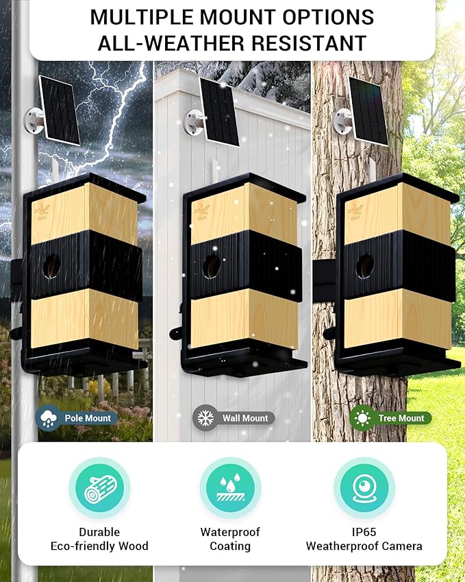 Kicari Bird House with Camera 2K HD, Solar & Battery Powered, Dual Night Vision, PIR Motion Sensor, Two-Way Audio, WiFi App Control, Smart Weatherproof Wooden Bluebird Nest Box for Outdoors, Natural