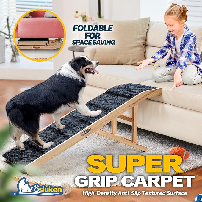 Dog Ramp for Couch, 49" Long Foldable Pet Ramp for Small Large Dogs, Dog Ramps for Bed, High Traction with Platform 6 Adjustable Heights 18" to 21.5" Up to 220LBS, Wood