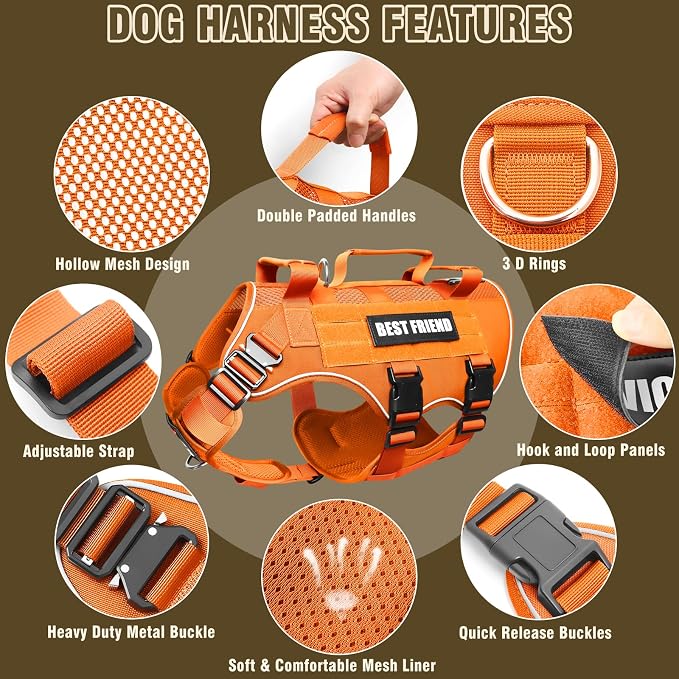 Air Mesh Tactical Dog Harness with Metal Buckles&MOLLE,Orange M | Breathable Adjustable No Pull Service Dog Vest with 3 Padded Handles,Military Dog Harness for Training Hiking Hunting Working