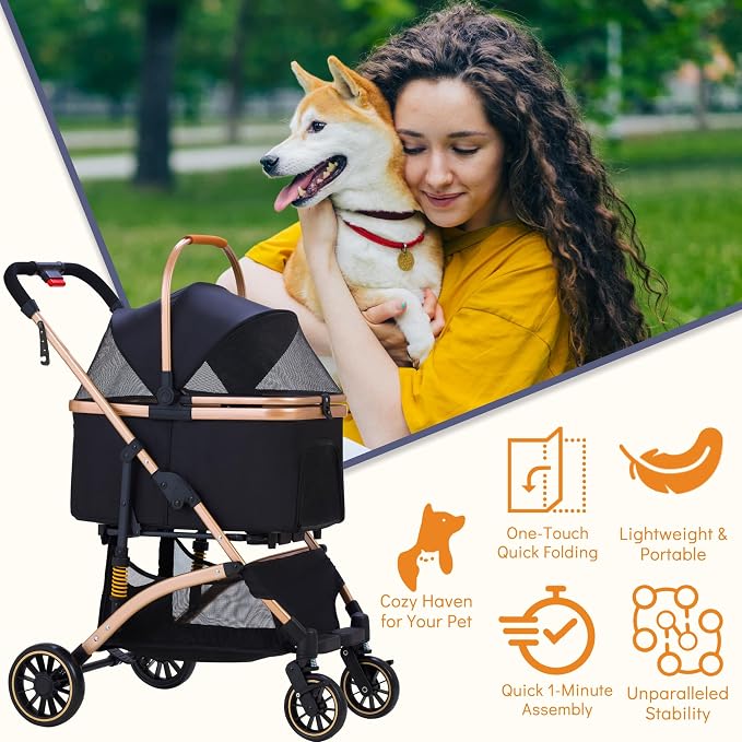 Dog Stroller for Small Dogs, Lightweight Pet Stroller for 2 Cats Dogs with 6 Shock Absorption System, Detachable Carrier Suitable for Car Seat & Hand Carry, Safe Outings, Black