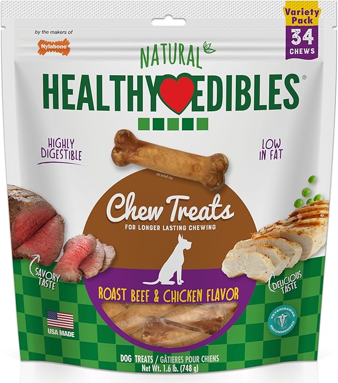 Nylabone Healthy Edibles Natural Dog Chews, Long Lasting Bones for Dogs, Roast Beef & Chicken Flavor Dog Treats, X-Small (34 Count)