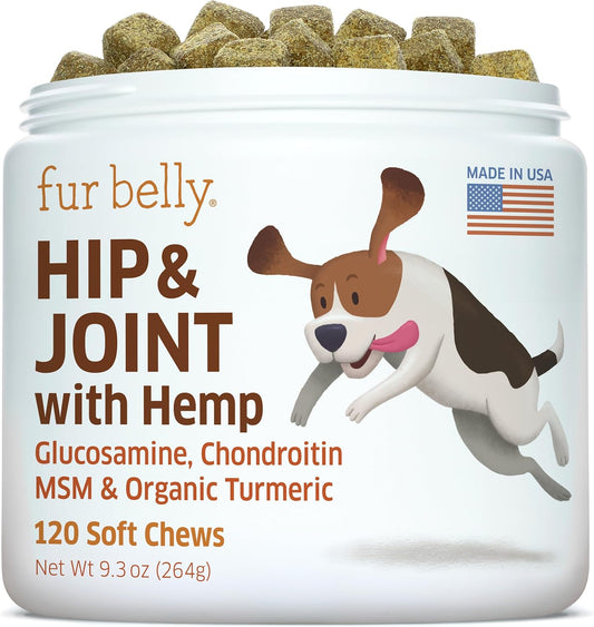 Hemp Hip and Joint Supplement for Dogs - Glucosamine for Dogs - Glucosamine Chondroitin for Dogs with MSM, Hemp, Turmeric & Omega 3 - Pain Relief - 120 ct Soft Chews - Made in The USA