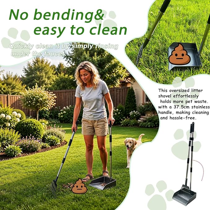Pooper Scooper for Large Dogs, Dog Pooper Scooper Metal Tray and Rake。 | 9.4'' Large Tray and 8.26''Rake ,No Bending Clean Up,38" Long Handle Dog Poop Scooper for Grass, Gravel & Dirt.