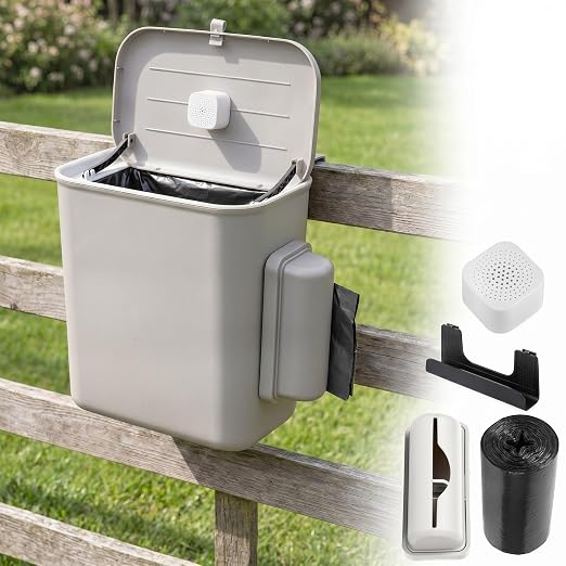 Mifoci Dog Poop Trash Can Outside, 2.4 Gallon Wall Mount Small Pet Waste Bin with Trash Bag Dispenser, Activated Carbon Odor Control, Small Pet Waste Bin with Lid for Fence Garbage Outdoors