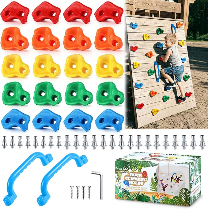 TOPNEW 20PCS Rock Climbing Holds with 2 Safety Handles, Non-Slip Kids Climbing Grips, Indoor Outdoor Climbing Wall Kit with Complete Mounting Hardware, Ideal Gift for Playground & Home