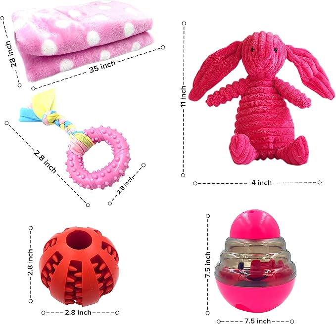 SoSoCute Pink Dog Gift Box - Puppy Chew Toy Set of 5 - Care Package with Dog Blanket, Squeaky Plush, Rubber Puppy Teether, Teething Ball, and Treat Ball for Small and Medium Dogs