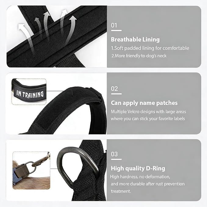 Tactical Dog Collar for Large Dogs with Control Handle,Black,M | Adjustable Fit,Heavy-Duty Quick-Release Metal Buckle,1000D Nylon Fabric,Soft-Padded Webbing,D-Ring,for Training & Hiking