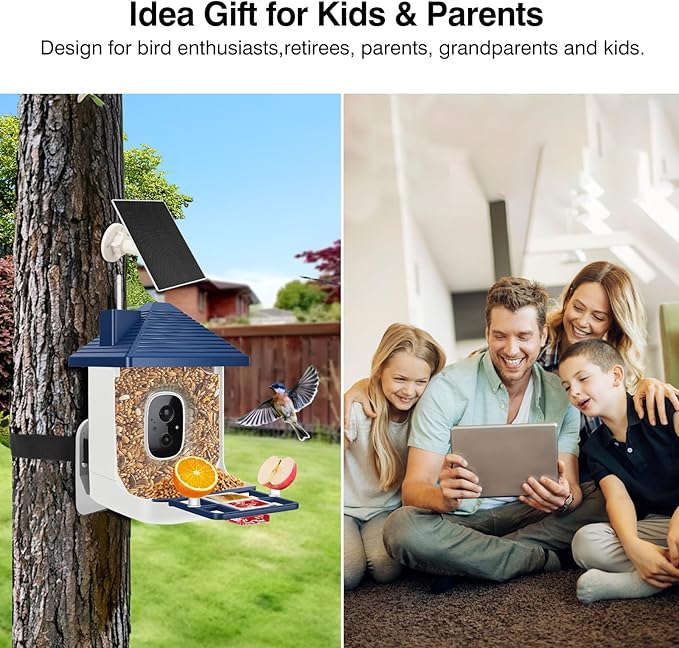 Smart Bird Feeder with Camera,AI Identify Species,Bird House with Solar Powered,Instant Arrival Alerts,64GB Card Auto Record Video,2K Capture Video,Live View for Lover (Blue+64G Card)