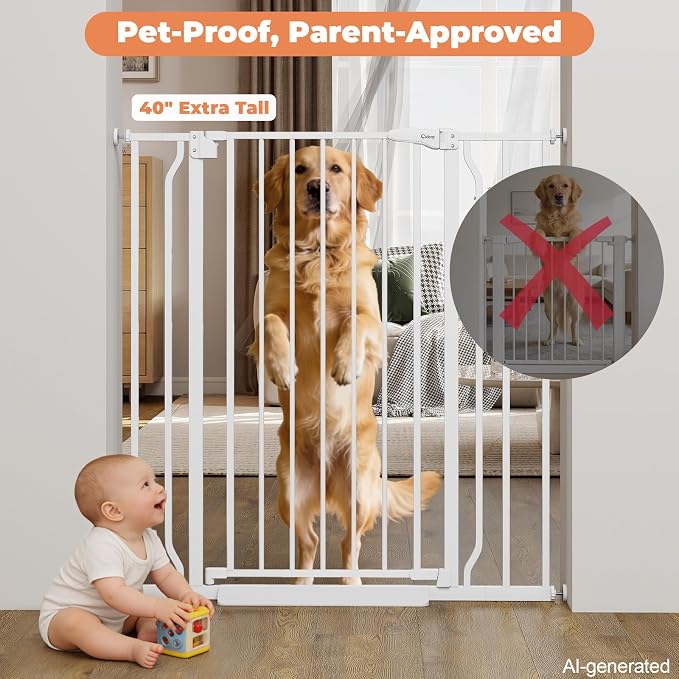 40" Extra Tall Baby Gate No Drilling, Auto Close Dog Gate, White | Indoor for Doorways & Stairs, Pressure Mounted 29"-40" Wide Pet Gate, Easy Walk Through Gate for Baby & Pet Stroller Friendly