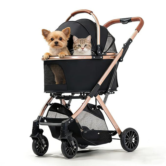 Lightweight Small Pet Stroller for Dogs & Cats, 50 Lbs Capacity Aluminum Alloy Puppy Stroller with Detachable Storage Basket