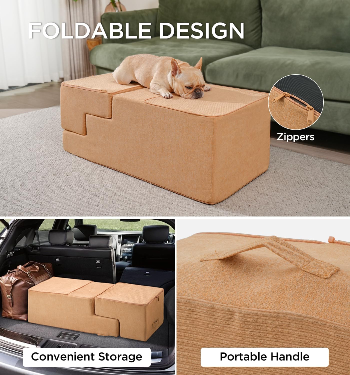 Made4Pets Dog Stairs for High Bed, Extra Wide Pet Stairs for Bed Couch Sofa, 35D Foam Pet Steps for Small Dogs and Cats, Non-Slip Bottom Dog Steps, Tan, 5 Steps