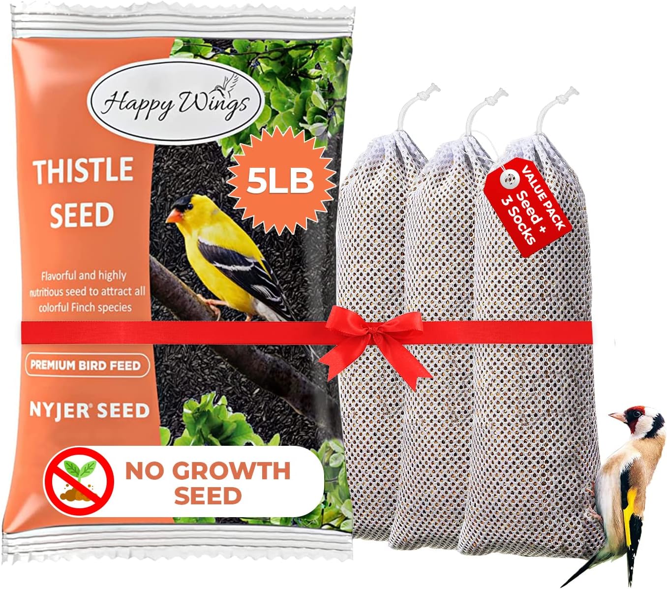 Nyjer/Thistle Seeds with Empty Sock for Wild Bird Food - 5 Pounds I No Grow Seed