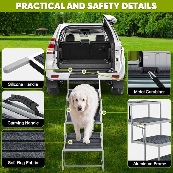 Joyrally 4-Step Dog Stairs for Car, Large Dogs, Rug with Iron Bars | 20 in extra-wide aluminum frame, rug surface and support bars for SUV and truck trunks, for senior and injured dogs