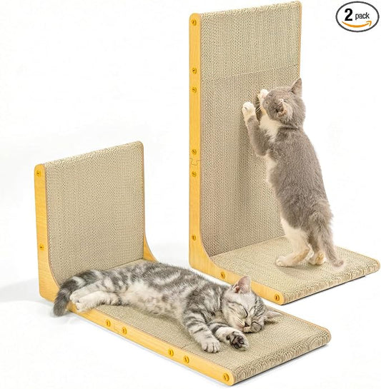 Conlun Cardboard Cat Scratcher, 23" L-Shaped Scratch Pad, Vertical Wall-Leaning Scratching Board to Protect Furniture for Indoor Cats,Wood Grain Large,2-Pack